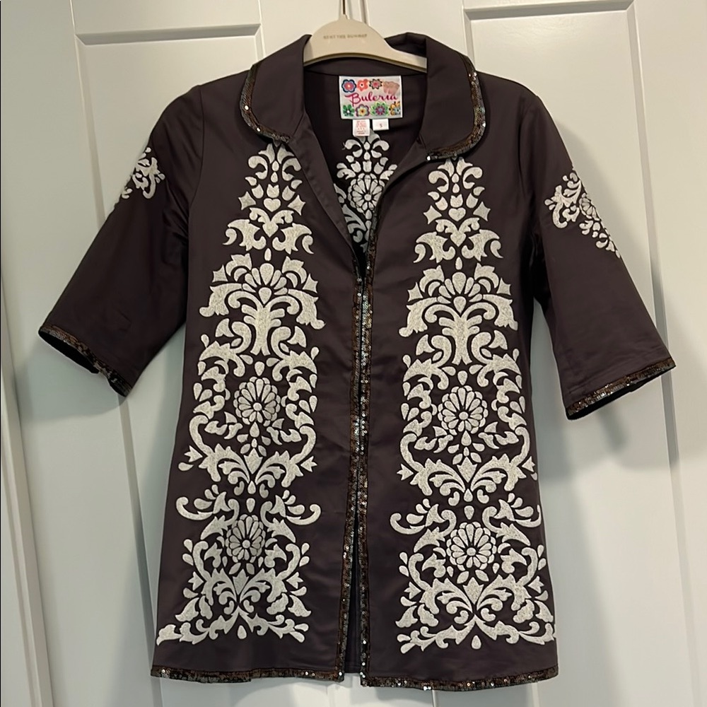 Gray and Cream Embellished Button Down Tunic